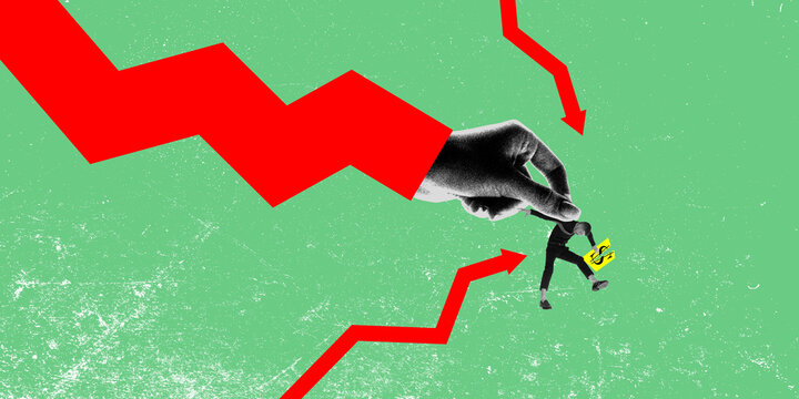 Businessman dragged by red arrow hand while holding dollar symbol paper representing financial instability. Conceptual design. Concept of crisis, finances, economy, global crisis. Photocopy effect