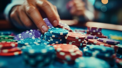 Fototapeta premium A poker table covered in colorful chips, a victorious player grinning. 1