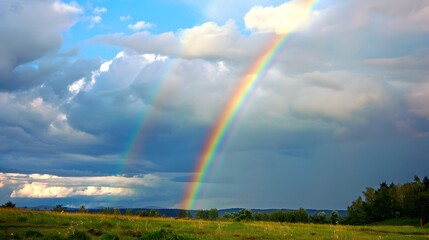 Rainbow After Storm: A vibrant rainbow arching across the sky after a rainstorm. 
