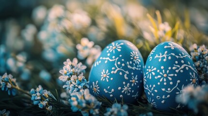 Two decorated blue Easter eggs nestled among spring flowers