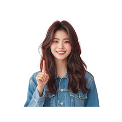 Young Woman with Long Brown Hair in Denim Jacket Pointing Up