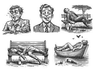 Naklejka premium Drunk intoxicated men in exaggerated states of drunkenness on benches, at bars, and in a rowboat Set collection bundle sketch engraving generative ai vector illustration. Black and white image.