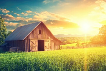 Obraz premium Rustic wooden barn at golden sunset over a vibrant green field