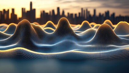 Abstract digital landscape at sunset over a city