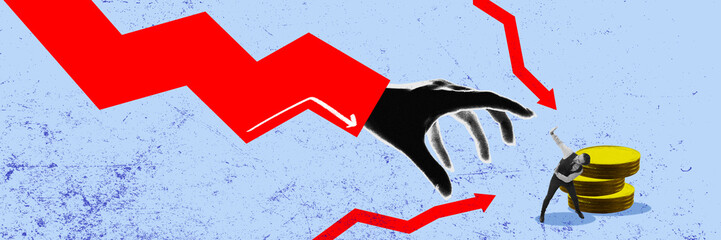 Red arrow and large hand move toward man near golden coins representing financial pressure....