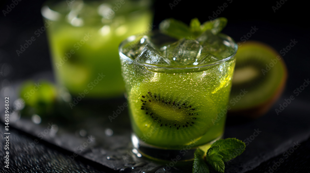 Aufkleber refreshing kiwi succus served in two glasses with ice cubes and tidy sum garnish