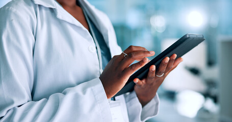 Hands, biotech or woman in laboratory with tablet, update or gene editing medical experiment. Data scientist, innovation breakthrough or touchscreen with science report, test or DNA research results