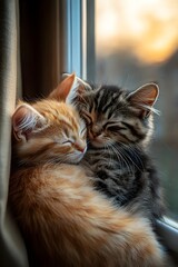 Cozy Kitten Cuddle: Two adorable kittens, one ginger and one tabby, nestle together by a window, bathed in the soft glow of the setting sun, epitomizing comfort and companionship.