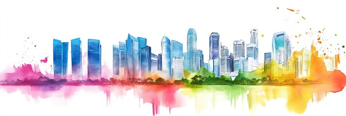 Obraz premium watercolor singapore downtown skyline