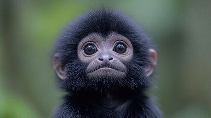 Fototapeta premium Close-up of a small, black monkey with large eyes. Its fur is soft and fluffy. A focused, attentive gaze. A jungle backdrop