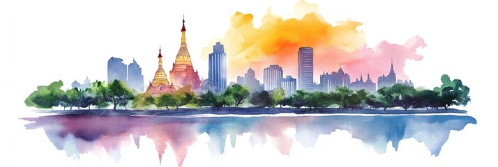 watercolor yangon, myanmar downtown skyline -