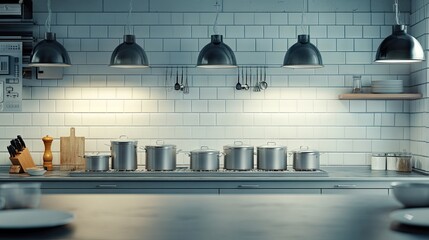 Naklejka premium Commercial kitchen top with steam pots grouped neatly
