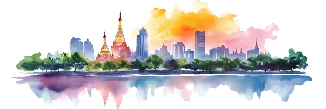 watercolor yangon, myanmar downtown skyline -