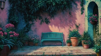 Obraz premium Cozy backyard garden with bench and surrounding greenery