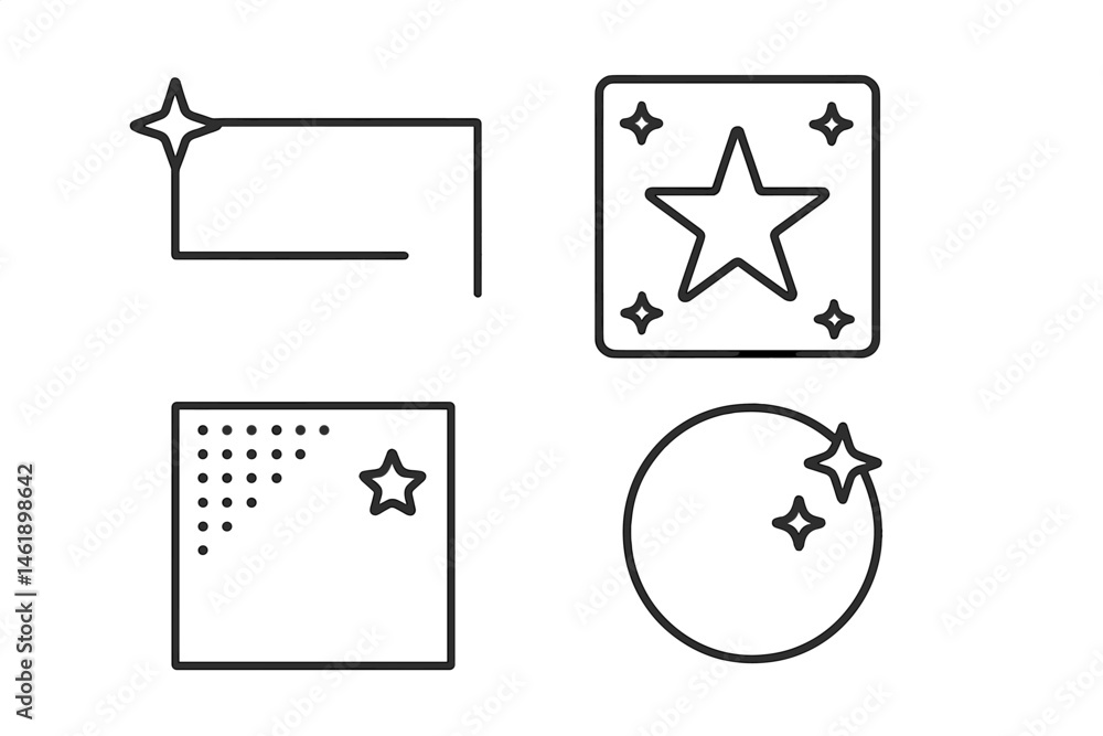 Aufkleber vector illustration icons featuring various shapes with stars and sparkles for decorative use in gra