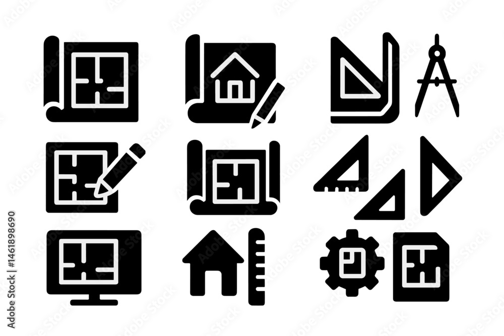 Aufkleber vector illustration icons depicting architectural design tools and concepts for blueprints and build