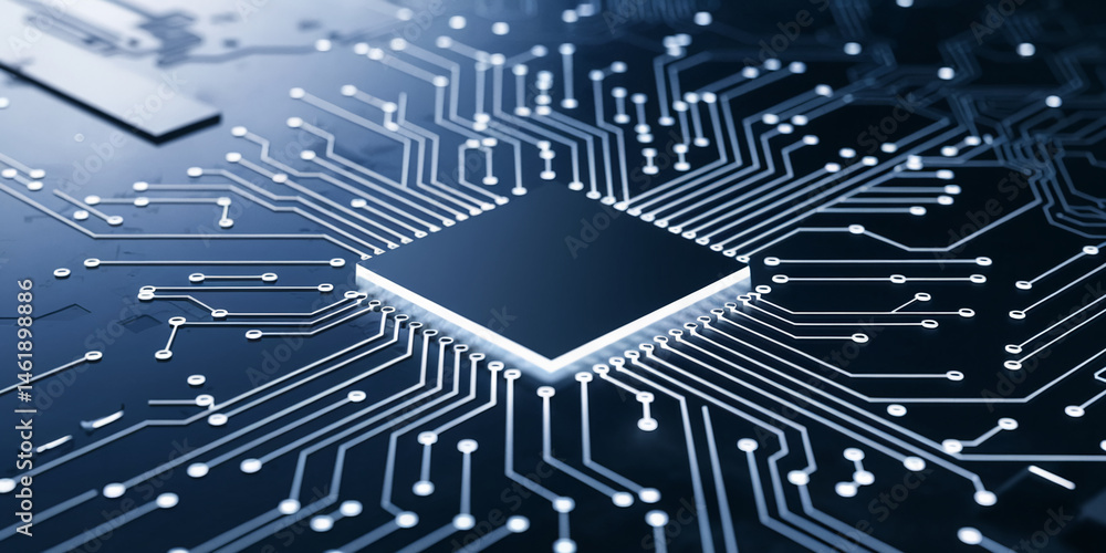 Poster close-up of circuit board with central processor, showcasing intricate circuitry design, symbolizing