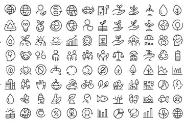 Vector illustration icon set featuring environmental, social, and economic themes for sustainable practices and awareness