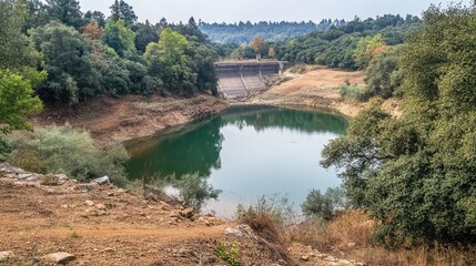 Obraz premium Depleted dam with exposed floor and low water levels