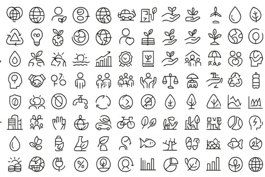 Vector illustration icon set featuring environmental, social, and economic themes for sustainable practices and awareness