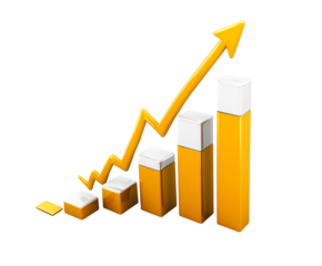 A 3d green arrow growing over some graphs, symbolizing growth in finance. Cut out white background