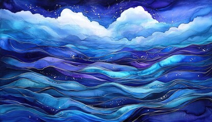 A celestial sea, with a night sky and clouds reflected in waves of blues and purples.  Silvery lines accentuate the water's movement