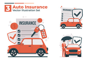 Auto insurance vector illustration set concept car insurance