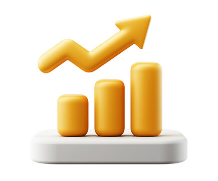 A green arrow on a 3d bar chart, upward trend, trend in finance