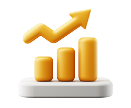 A green arrow on a 3d bar chart, upward trend, trend in finance