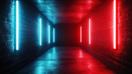 A moody hallway illuminated by contrasting neon lights, creating a mysterious and captivating visual space that invites exploration and stimulates curiosity.