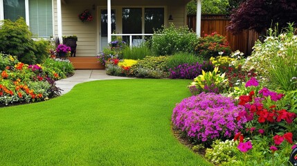 Fototapeta premium Front yard with lush flowers leading to a welcoming one-story home