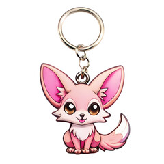 Adorable Pink Fennec Fox Keychain Cute Anime Style Keyring isolated on transparent background