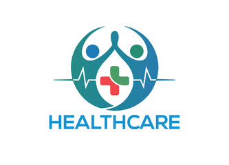 Obraz premium Modern healthcare logo featuring human figures, medical cross, and circular swoosh symbolizing care, wellness, unity, and professional trust.