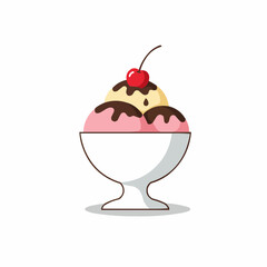 Sundae with a cherry, chocolate syrup, vanilla, and strawberry scoops of ice cream