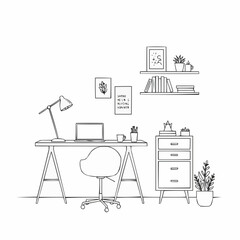 Simple line art of a study space with a desk lamp, pictures, shelves, books, and a plant