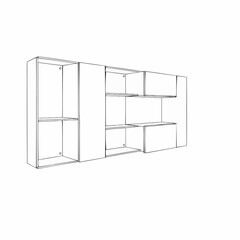 Line drawing of assembled closet with upper shelf & drawers. Simple & organized