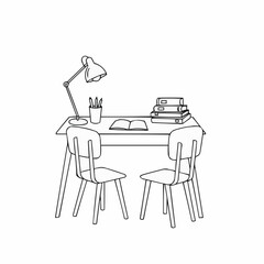 Study setup with desk lamp, pens, books and open notebook on desk