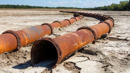 Irrigation pipes lying unused on cracked farmland