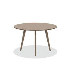 A small, round, light brown table with three legs in a white backdrop