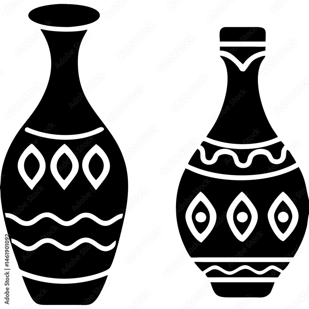 Aufkleber elegant black and white decorative vases showcasing intricate patterns and shapes on a simple backgr
