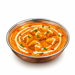 Delicious, creamy, curry dish in a glass bowl with pieces of chicken and parsley