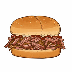 Cartoon illustration of a brown sesame bun with ingredients. Fast food design