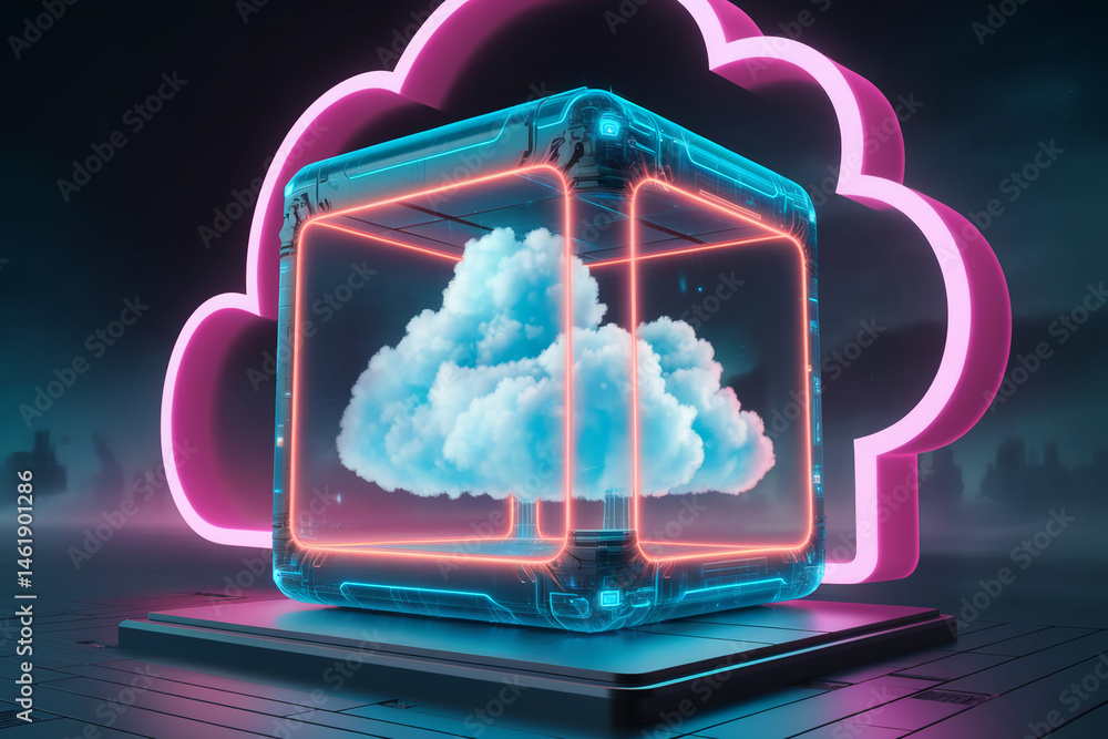 Poster neon-lit cube showcasing a fluffy cloud, symbolizing cloud computing or data storage, futuristic and