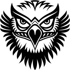 Fototapeta premium Detailed black and white owl illustration featuring sharp eyes and prominent feathers showcasing intricate design elements