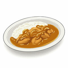 Plate with generous rice and brown curry with textured sauce, top right corner
