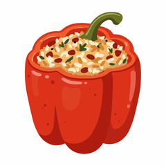 Red bell pepper stuffed with rice, beans, and green herbs, close-up view