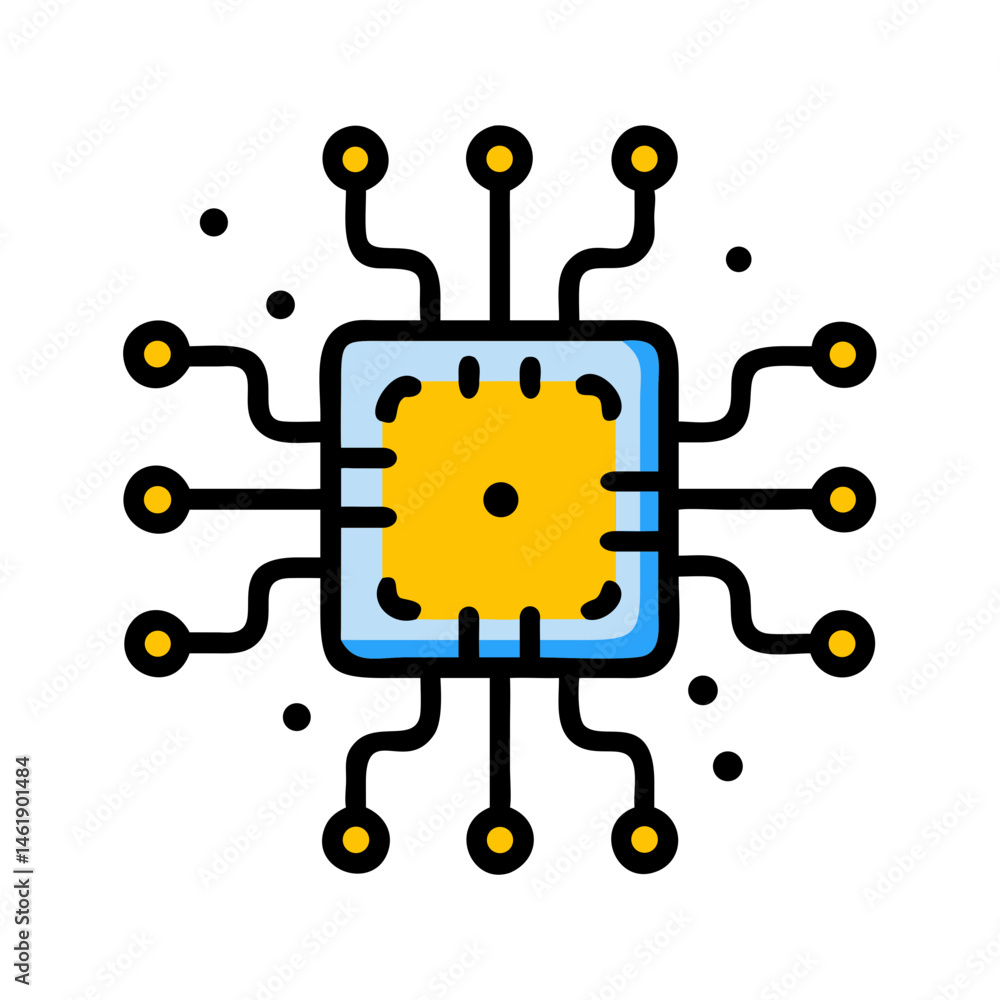 Poster illustration of a microchip design with vibrant colors and intricate connections used in technology 
