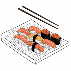 Sushi and chopsticks placed on a ribbed plate, against a white background