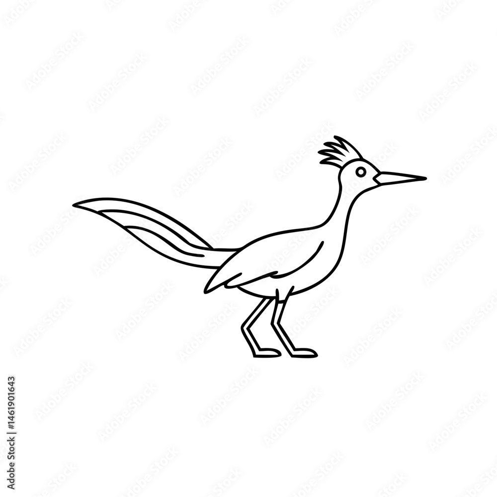 Poster bird standing on two legs with a long tail in a simple line drawing style against a white background