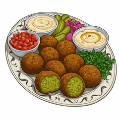 Middle Eastern platter with dips, tomatoes, pickles, & falafel served